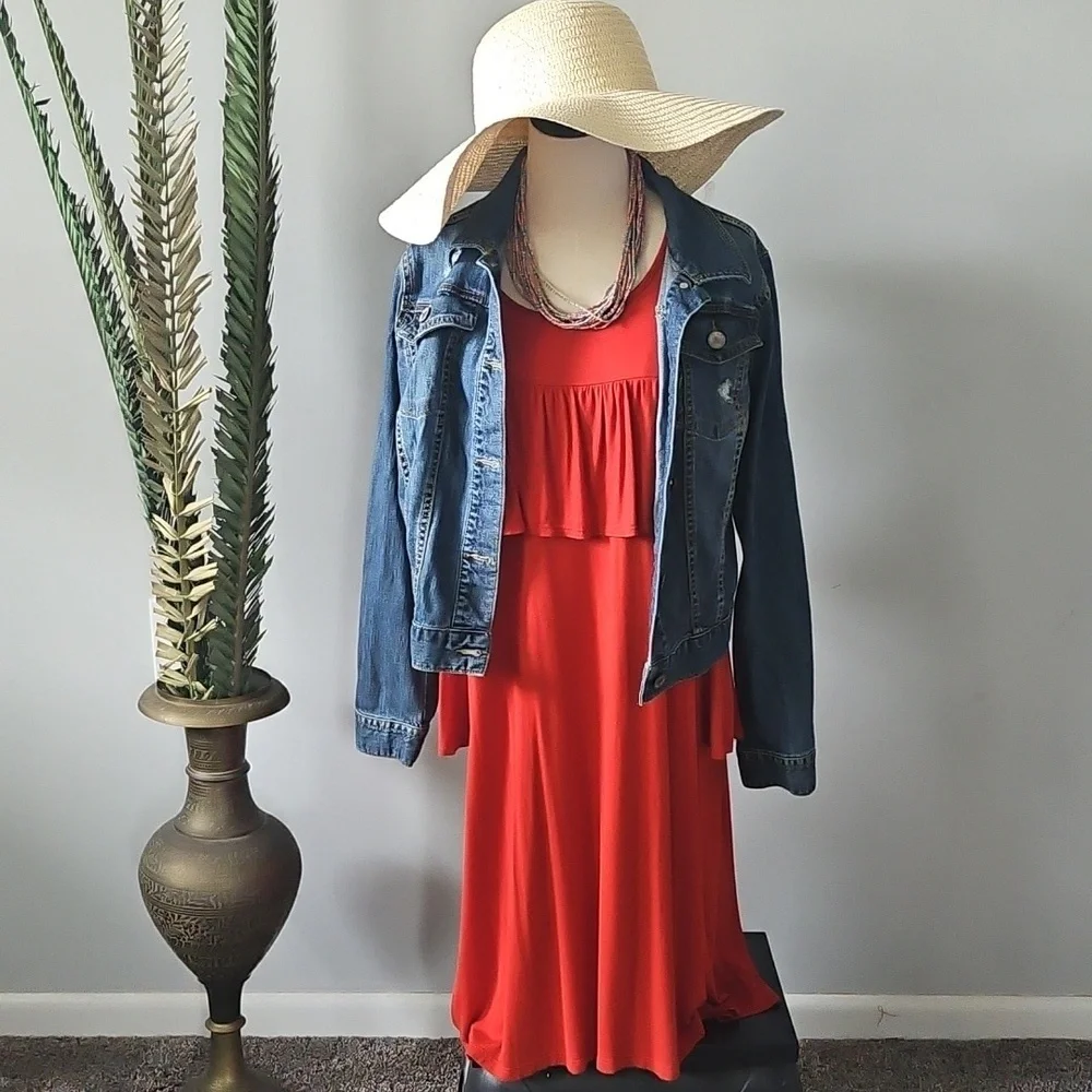 Watermelon Rust Color Cold Shoulder Dress with Ruffle - Picture 2 of 12
